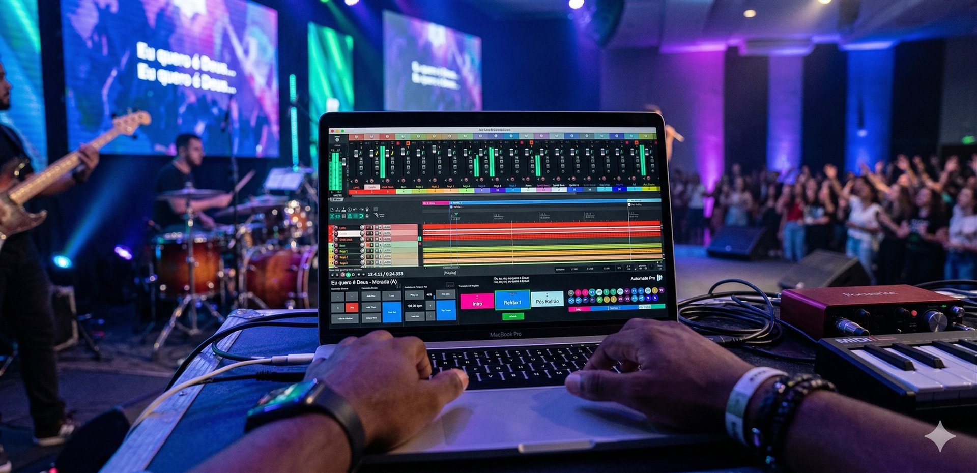 Automate Pro no computador durante o culto, com a banda ao fundo