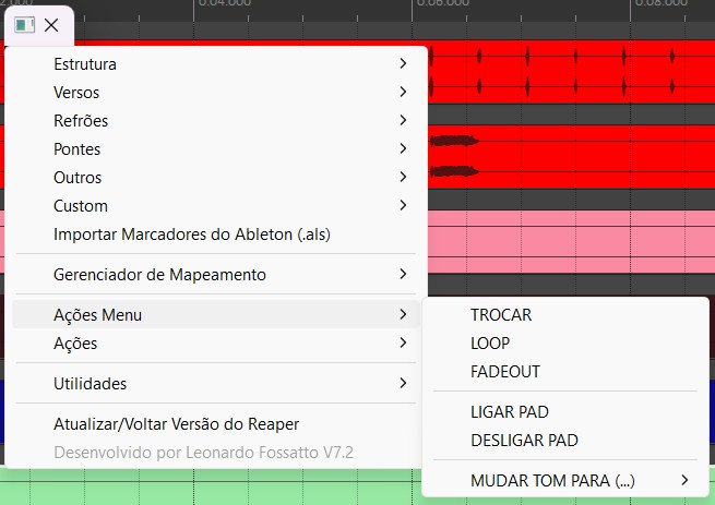 Menu de ações do Criador de Regiões