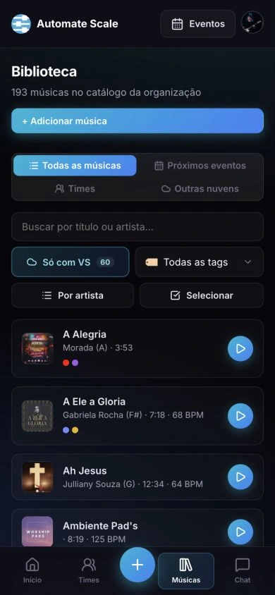 Biblioteca do Scale com busca, filtros, capas, tons e botões para abrir as músicas no player