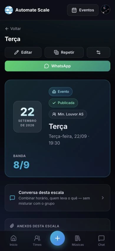 Resumo da escala no celular com data, horário e equipe