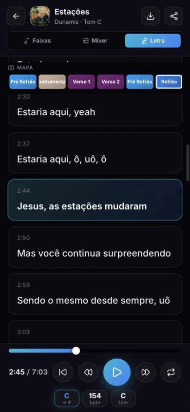 Aba Letra do Scale com o verso atual destacado e a posição de cada trecho na música