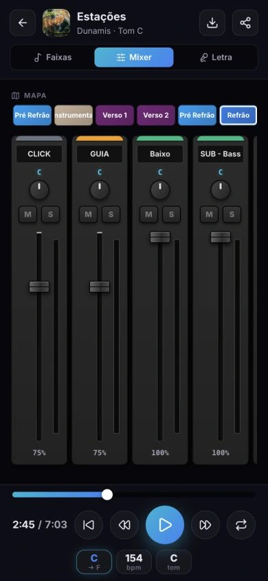 Mixer do Scale com faders, panorama, mute e solo para cada instrumento