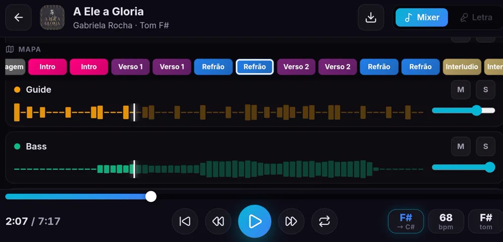 Player do Automate Scale na horizontal — mapa completo da música com abas Mixer e Letra