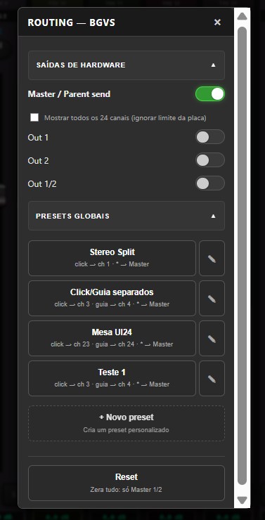 Direcionador de saídas e presets no painel Web